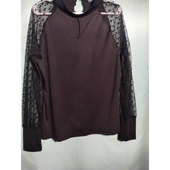 "Women's Black Top with Sheer Polka Dot Sleeves – Elegant Mock Neck Blouse" - Picture 1 of 4